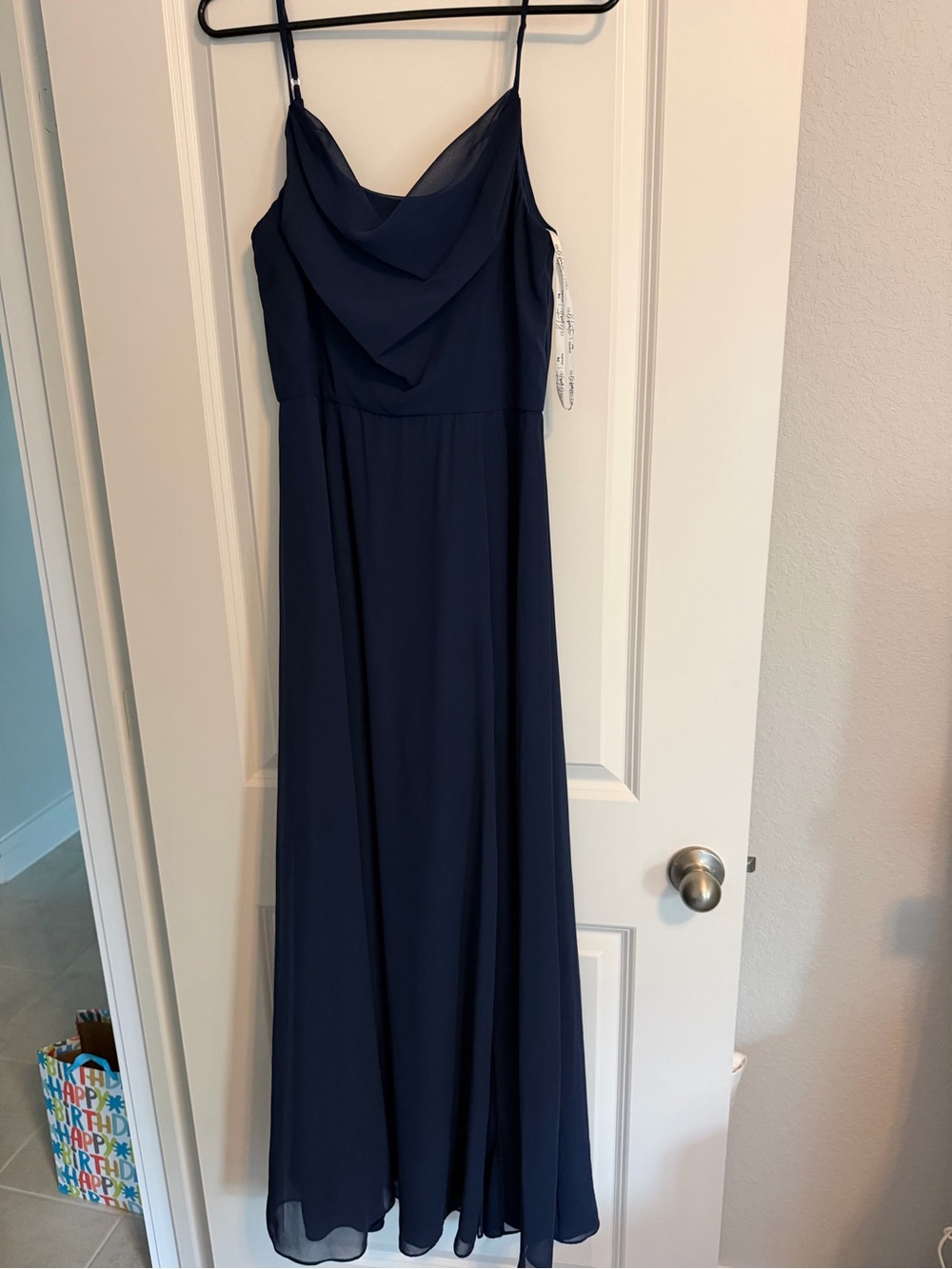 Elegant Navy Blue Spaghetti-Strap Evening Dress